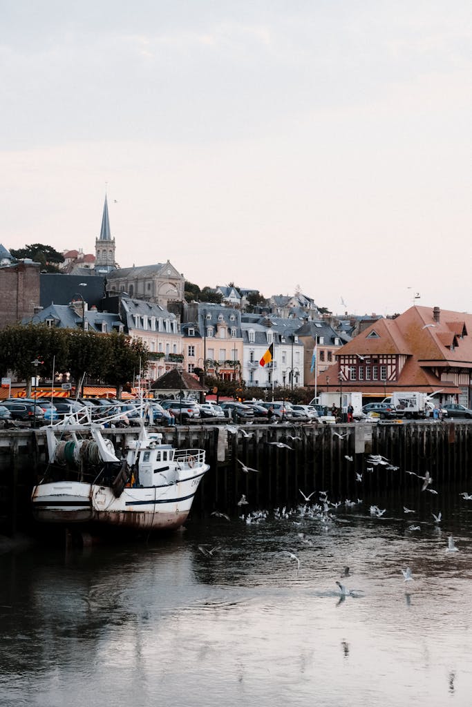 A picturesque harbor scene in Trouville Alliquerville, Normandie, showcasing boats and a charming townscape.