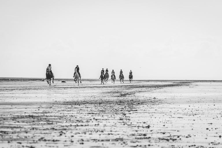 Captivating black and white photo of a group riding horses on a Normandie beach.